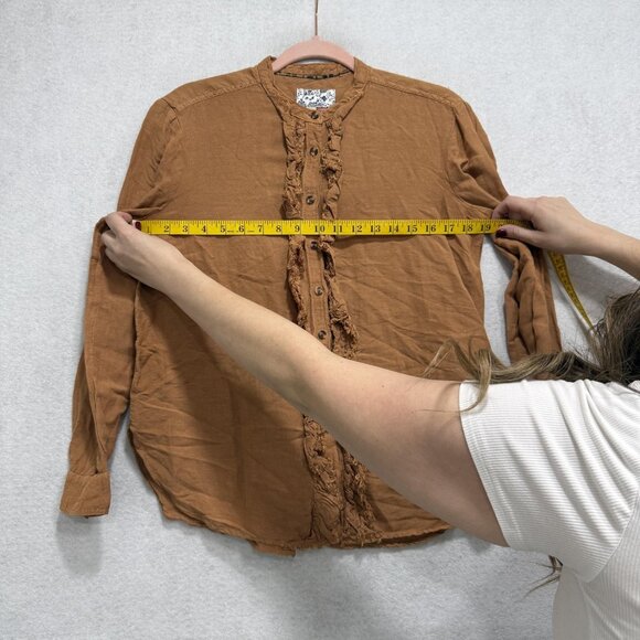 Pilcro Shirt Womens Small Brown Linen Blend Ruffle Button Front Anthropologie - Picture 7 of 9